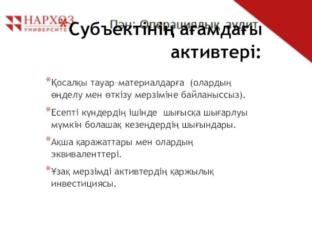 Субъектінің ағамдағы активтері: Қосалқы тауар–материалдарға (олардың өңделу мен өткізу мерзіміне