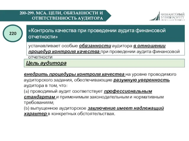 200-299. МСА. ЦЕЛИ, ОБЯЗАННОСТИ И ОТВЕТСТВЕННОСТЬ АУДИТОРА «Контроль качества при