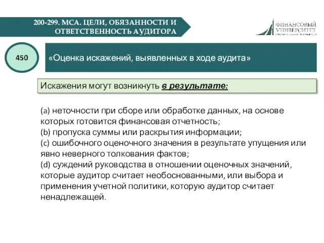 200-299. МСА. ЦЕЛИ, ОБЯЗАННОСТИ И ОТВЕТСТВЕННОСТЬ АУДИТОРА «Оценка искажений, выявленных