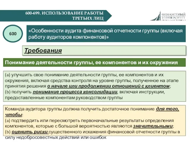 600-699. ИСПОЛЬЗОВАНИЕ РАБОТЫ ТРЕТЬИХ ЛИЦ «Особенности аудита финансовой отчетности группы