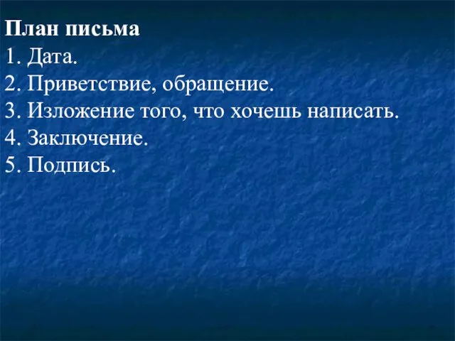 План письма 1. Дата. 2. Приветствие, обращение. 3. Изложение того,