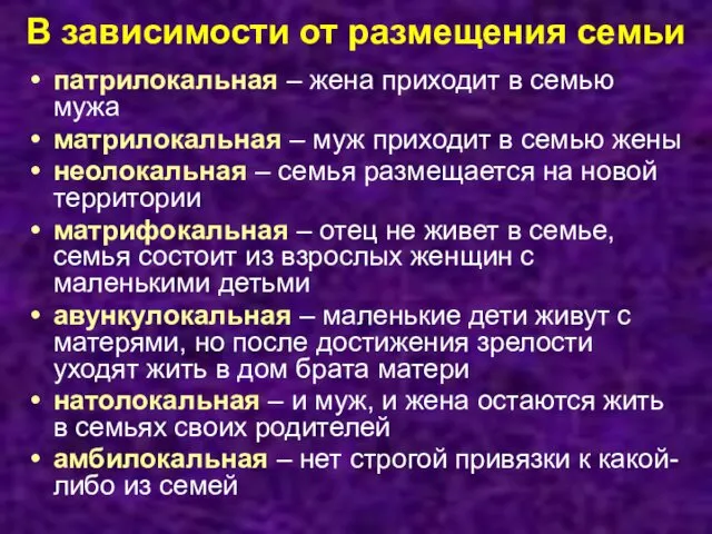 В зависимости от размещения семьи патрилокальная – жена приходит в