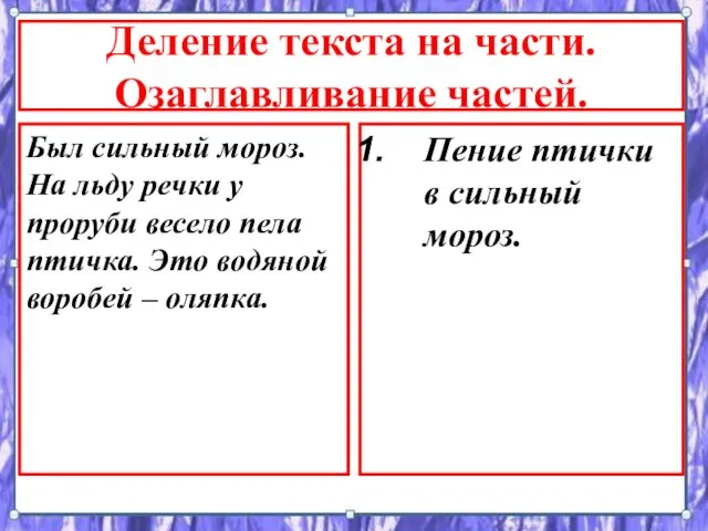 Деление текста на части. Озаглавливание частей. Был сильный мороз. На