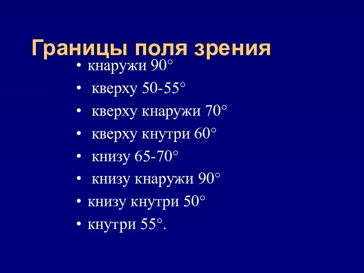 Границы поля зрения кнаружи 90° кверху 50-55° кверху кнаружи 70°