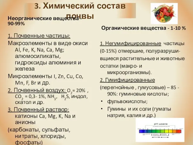 3. Химический состав почвы Неорганические вещества - 90-99% 1. Почвенные