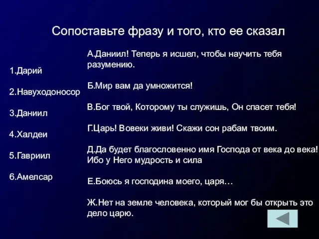 Сопоставьте фразу и того, кто ее сказал 1.Дарий 2.Навуходоносор 3.Даниил