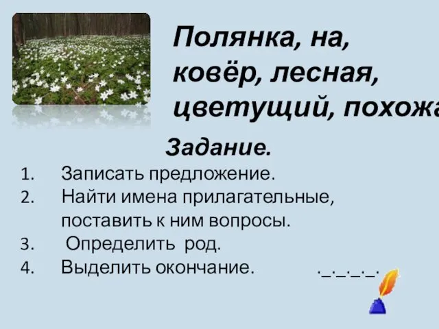 Полянка, на, ковёр, лесная, цветущий, похожа. Задание. Записать предложение. Найти