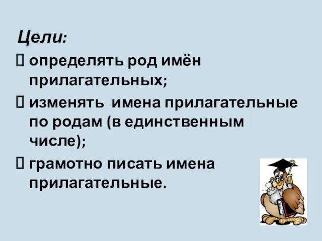 Цели: определять род имён прилагательных; изменять имена прилагательные по родам