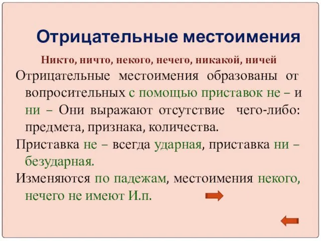 Отрицательные местоимения Никто, ничто, некого, нечего, никакой, ничей Отрицательные местоимения