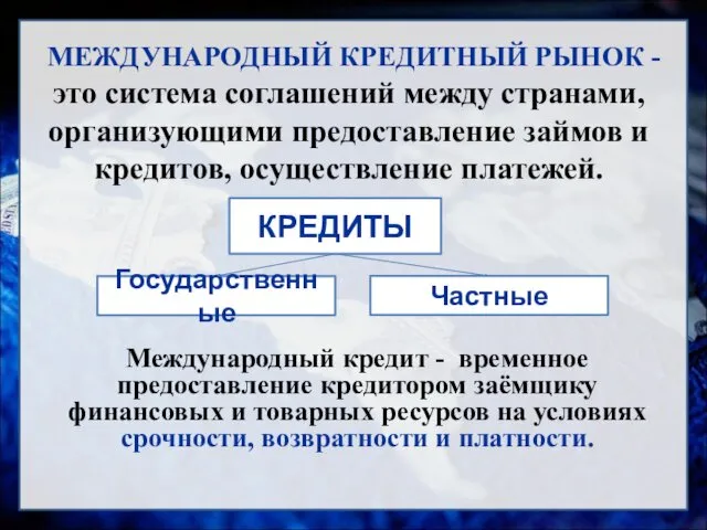 МЕЖДУНАРОДНЫЙ КРЕДИТНЫЙ РЫНОК - это система соглашений между странами, организующими