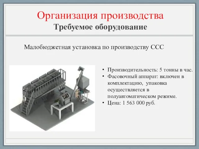 Организация производства Требуемое оборудование Малобюджетная установка по производству ССС Производительность: