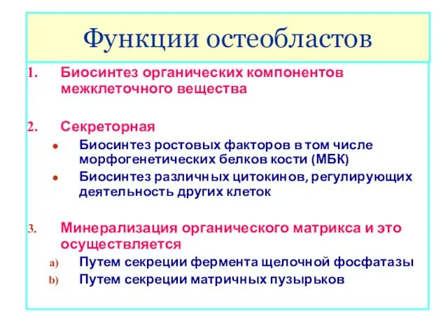 Функции остеобластов Биосинтез органических компонентов межклеточного вещества Секреторная Биосинтез ростовых