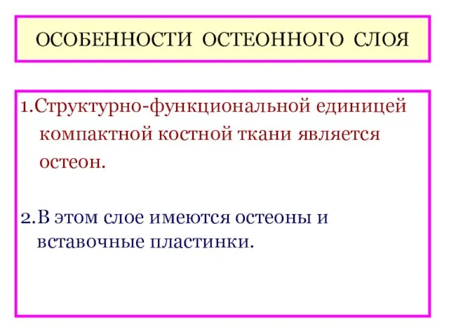 ОСОБЕННОСТИ ОСТЕОННОГО СЛОЯ 1.Структурно-функциональной единицей компактной костной ткани является остеон.