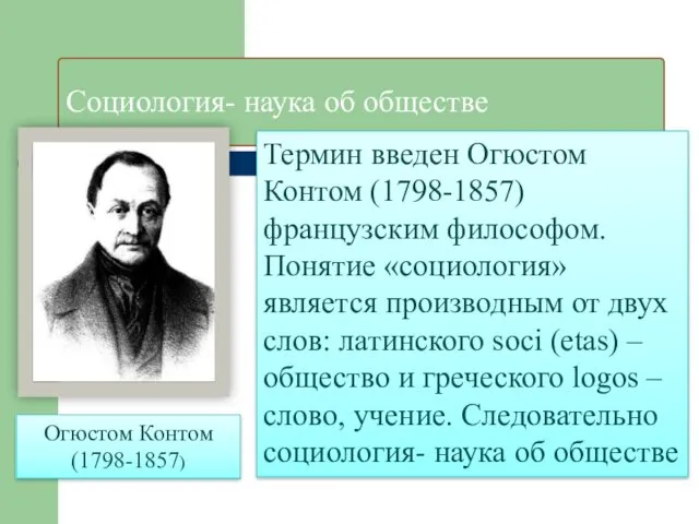 Социология- наука об обществе Термин введен Огюстом Контом (1798-1857) французским