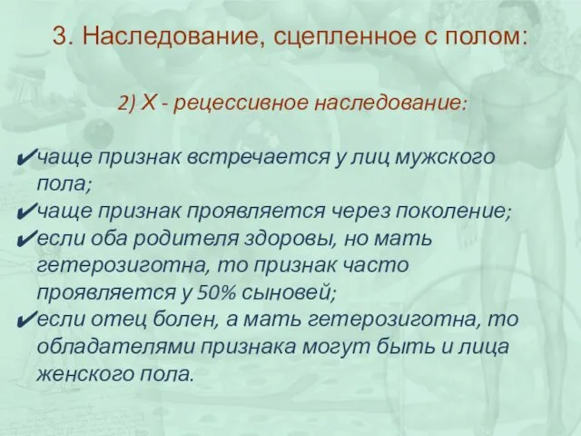 3. Наследование, сцепленное с полом: 2) Х - рецессивное наследование: