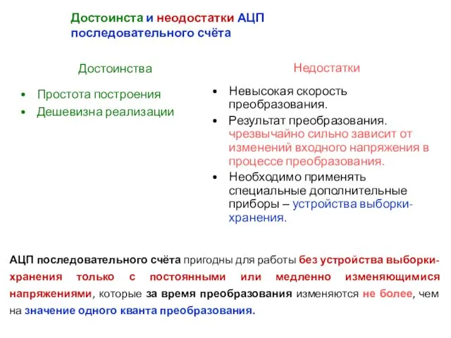 Достоинства Простота построения Дешевизна реализации Недостатки Невысокая скорость преобразования. Результат