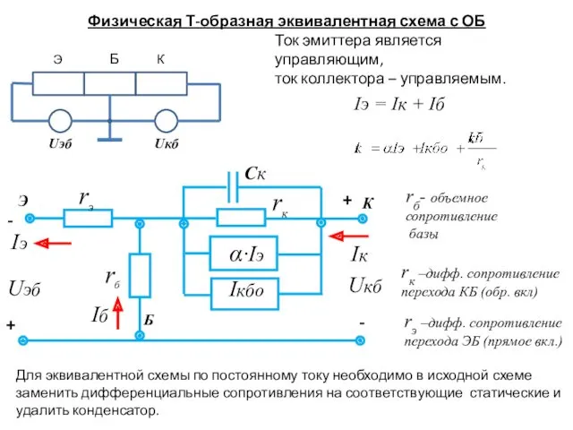 Физическая Т-образная эквивалентная схема с ОБ Ток эмиттера является управляющим,