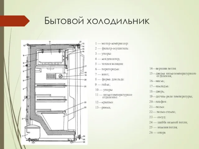 Бытовой холодильник 1 — мотор-компрессор: 2 — фильтр-осушитель: 3 — упоры: 4 —
