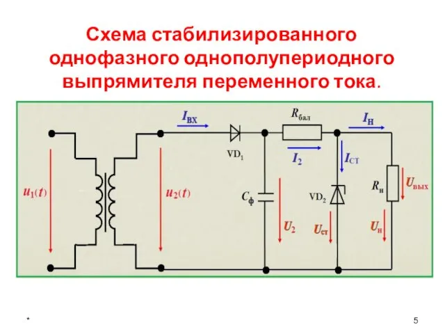 * Схема стабилизированного однофазного однополупериодного выпрямителя переменного тока.