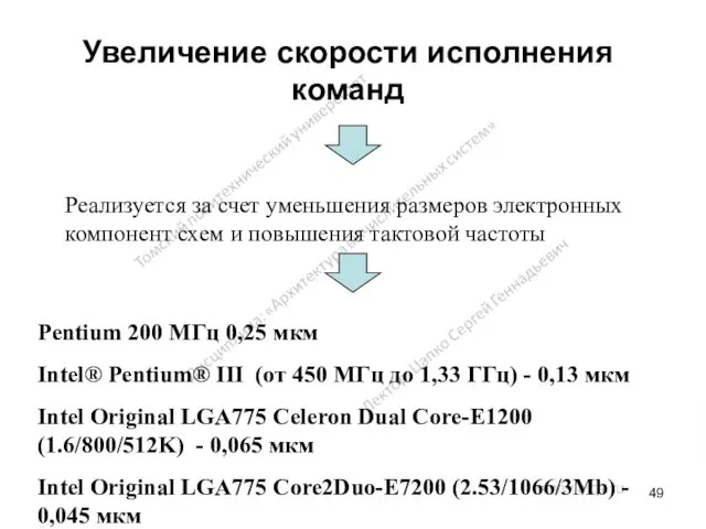 Увеличение скорости исполнения команд Pentium 200 МГц 0,25 мкм Intel®