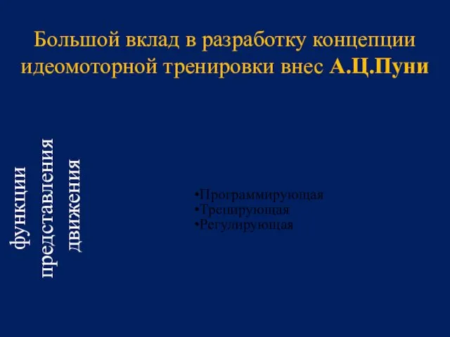 Большой вклад в разработку концепции идеомоторной тренировки внес А.Ц.Пуни функции представления движения Программирующая Тренирующая Регулирующая