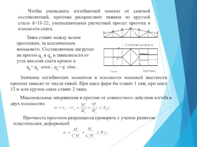 Чтобы уменьшить изгибающий момент от скатной составляющей, прогоны раскрепляют тяжами