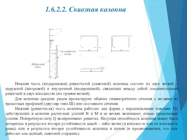 1.6.2.2. Сквозная колонна Нижняя часть (подкрановая) решетчатой (сквозной) колонны состоит