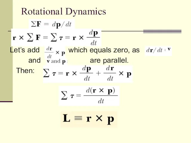 Rotational Dynamics Let’s add which equals zero, as and are parallel. Then: So we get