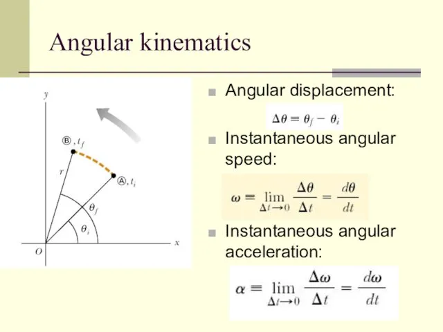 Angular kinematics Angular displacement: Instantaneous angular speed: Instantaneous angular acceleration: