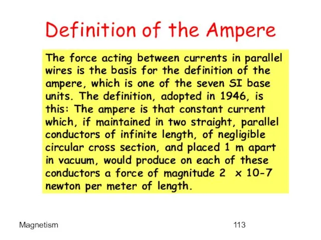 Magnetism Definition of the Ampere The force acting between currents