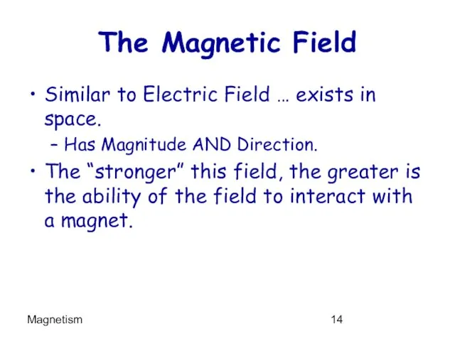 Magnetism The Magnetic Field Similar to Electric Field … exists