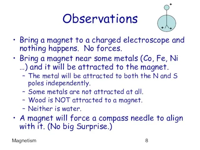 Magnetism Observations Bring a magnet to a charged electroscope and