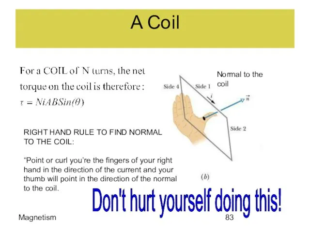 Magnetism A Coil Normal to the coil RIGHT HAND RULE