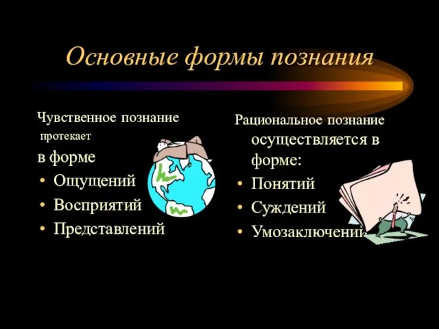 Основные формы познания Чувственное познание протекает в форме Ощущений Восприятий