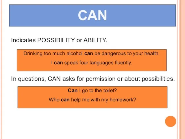 CAN Indicates POSSIBILITY or ABILITY. In questions, CAN asks for permission or about