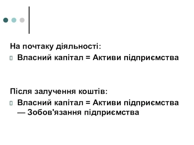 На почтаку діяльності: Власний капітал = Активи підприємства Після залучення