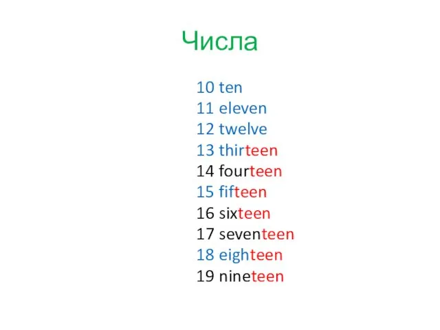 Числа 10 ten 11 eleven 12 twelve 13 thirteen 14