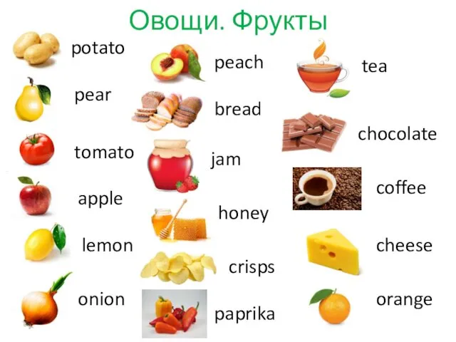 Овощи. Фрукты potato pear apple tomato lemon onion peach orange