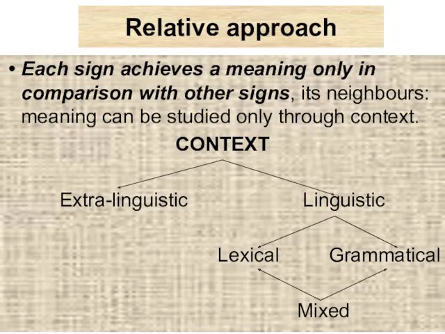 Relative approach Each sign achieves a meaning only in comparison