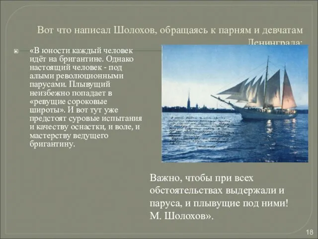 Вот что написал Шолохов, обращаясь к парням и девчатам Ленинграда: