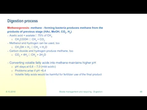 6.10.2016 Waste management and recycling - Digestion Digestion process Methanogenesis: