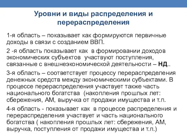 Уровни и виды распределения и перераспределения 1-я область – показывает