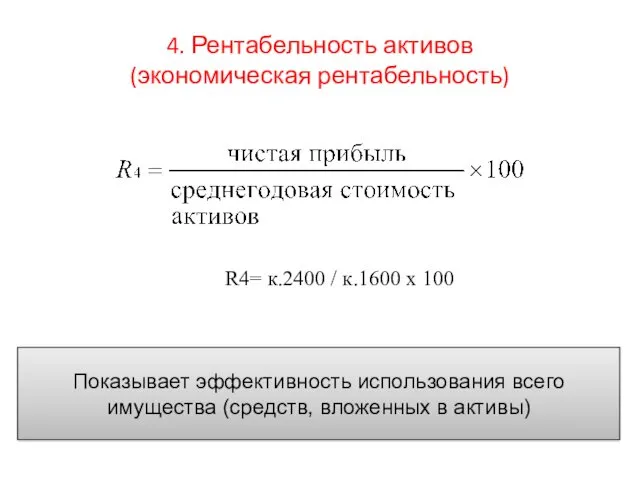 4. Рентабельность активов (экономическая рентабельность) Показывает эффективность использования всего имущества