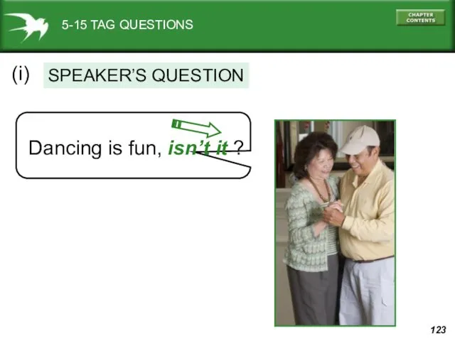 5-15 TAG QUESTIONS SPEAKER’S QUESTION (i) Dancing is fun, isn’t it ?