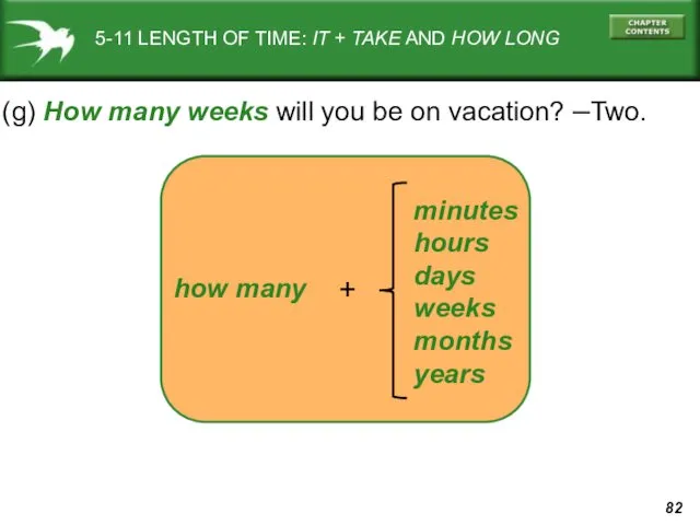 how many 5-11 LENGTH OF TIME: IT + TAKE AND