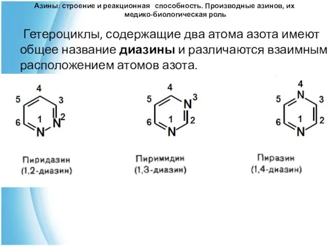 Азины: строение и реакционная способность. Производные азинов, их медико-биологическая роль