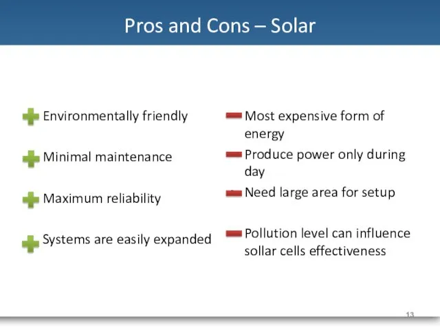 Pros and Cons – Solar Environmentally friendly Minimal maintenance Maximum