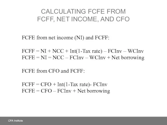 CALCULATING FCFE FROM FCFF, NET INCOME, AND CFO FCFE from