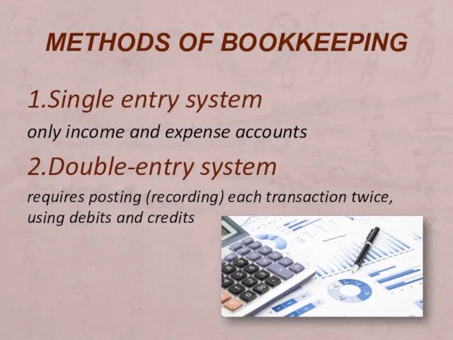 METHODS OF BOOKKEEPING 1.Single entry system only income and expense