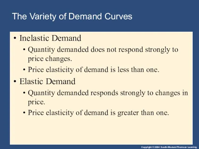 The Variety of Demand Curves Inelastic Demand Quantity demanded does